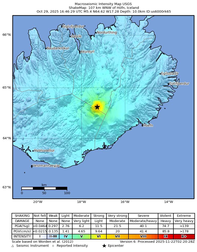 USGS ShakeMap intensity contours for the M5.4 earthquake near 107 km WNW of Höfn, Iceland