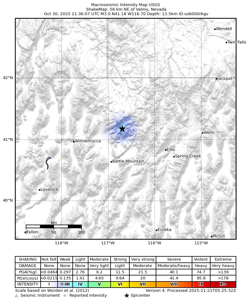 USGS ShakeMap intensity contours for the M2.9 earthquake near 58 km NE of Valmy, Nevada