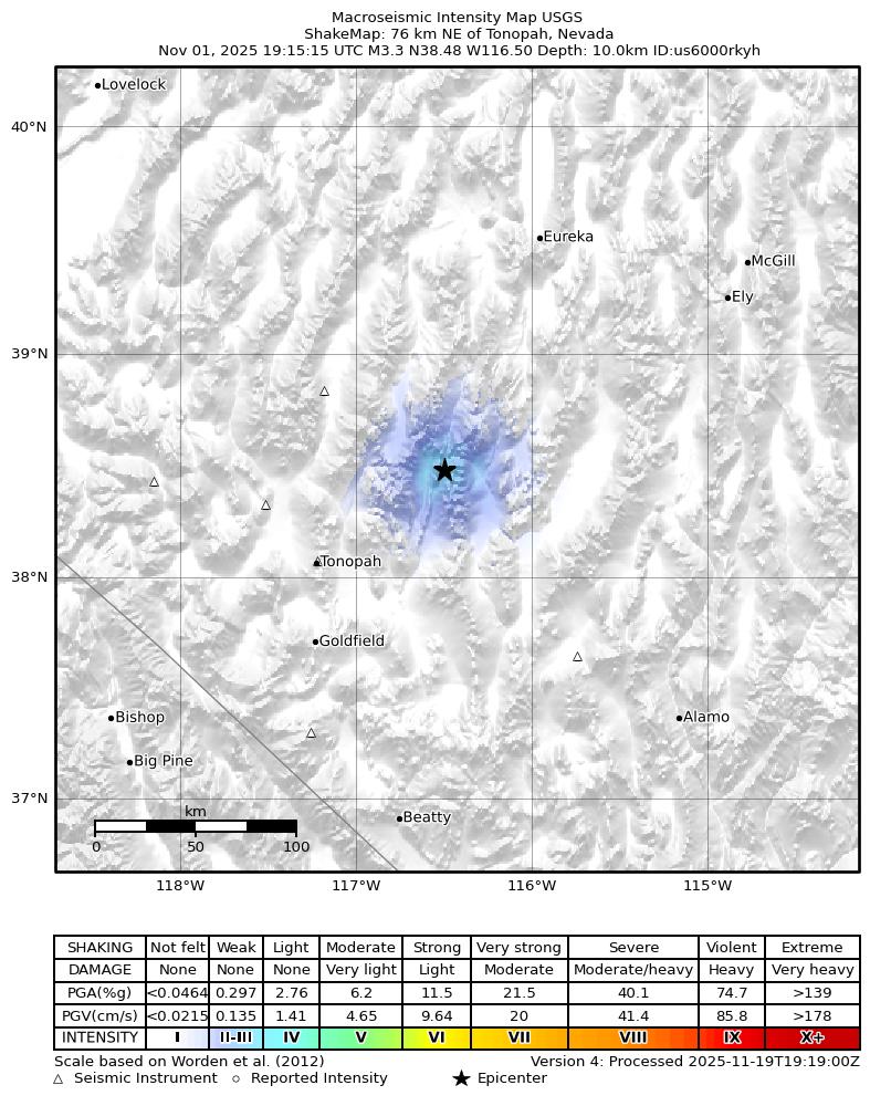 USGS ShakeMap intensity contours for the M3.7 earthquake near 76 km NE of Tonopah, Nevada