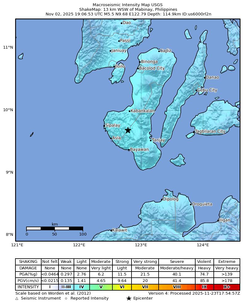 USGS ShakeMap intensity contours for the M5.5 earthquake near 13 km WSW of Mabinay, Philippines