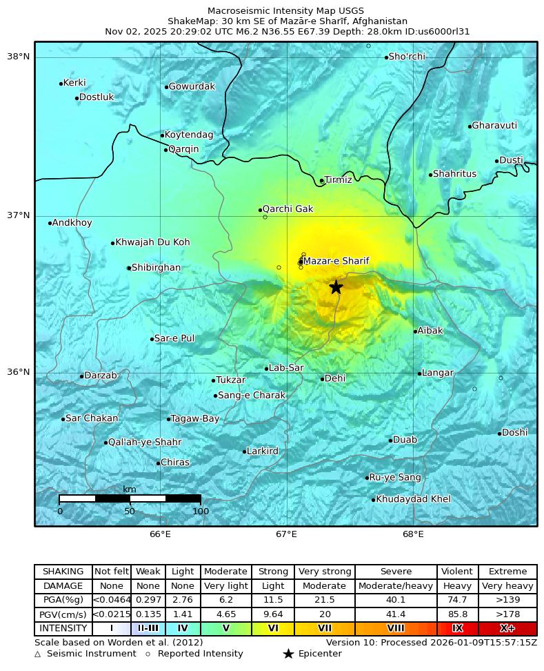 USGS ShakeMap intensity contours for the M6.2 earthquake near 30 km SE of Mazār-e Sharīf, Afghanistan