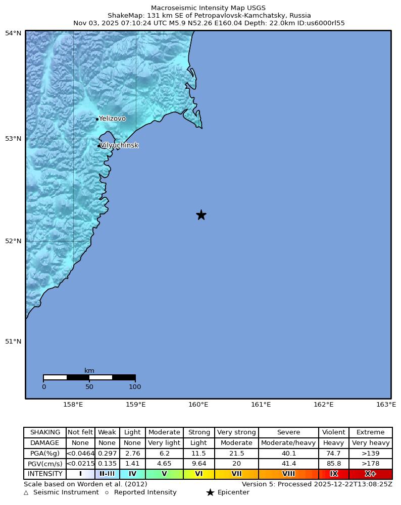 USGS ShakeMap intensity contours for the M5.9 earthquake near 131 km SE of Petropavlovsk-Kamchatsky, Russia