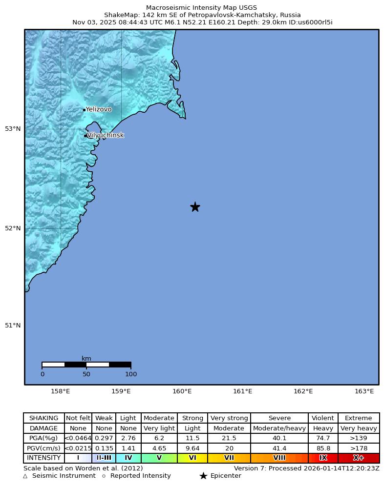 USGS ShakeMap intensity contours for the M6.1 earthquake near 142 km SE of Petropavlovsk-Kamchatsky, Russia