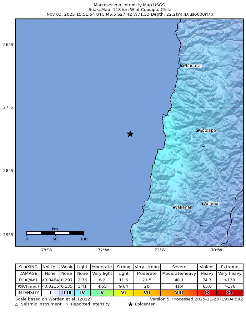 USGS ShakeMap intensity contours for the M5.5 earthquake near 111 km W of Copiapó, Chile
