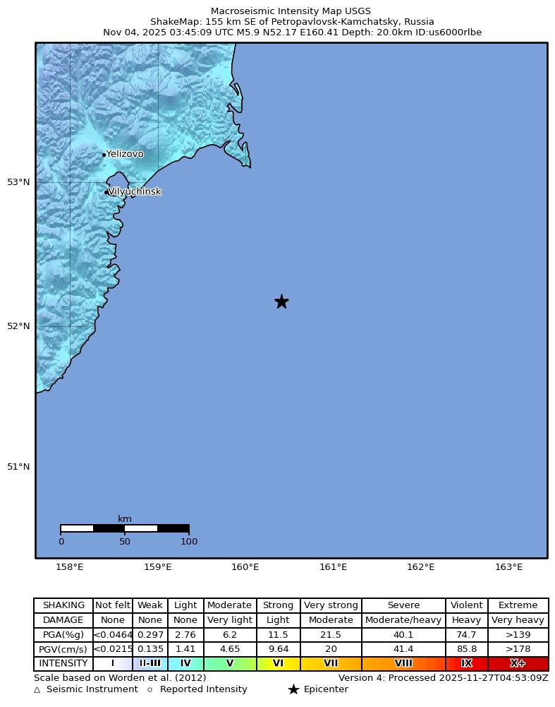 USGS ShakeMap intensity contours for the M5.9 earthquake near 155 km SE of Petropavlovsk-Kamchatsky, Russia