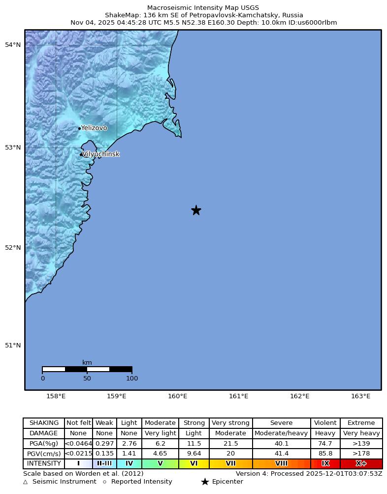 USGS ShakeMap intensity contours for the M5.5 earthquake near 136 km SE of Petropavlovsk-Kamchatsky, Russia