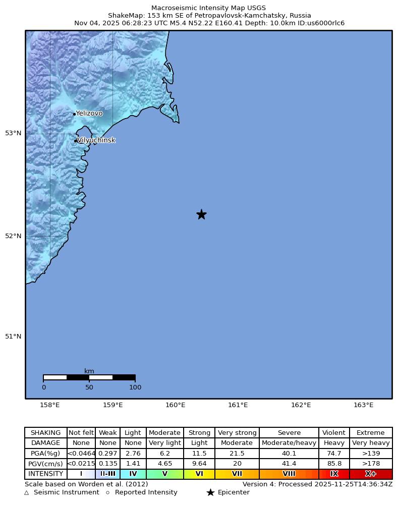 USGS ShakeMap intensity contours for the M5.4 earthquake near 153 km SE of Petropavlovsk-Kamchatsky, Russia