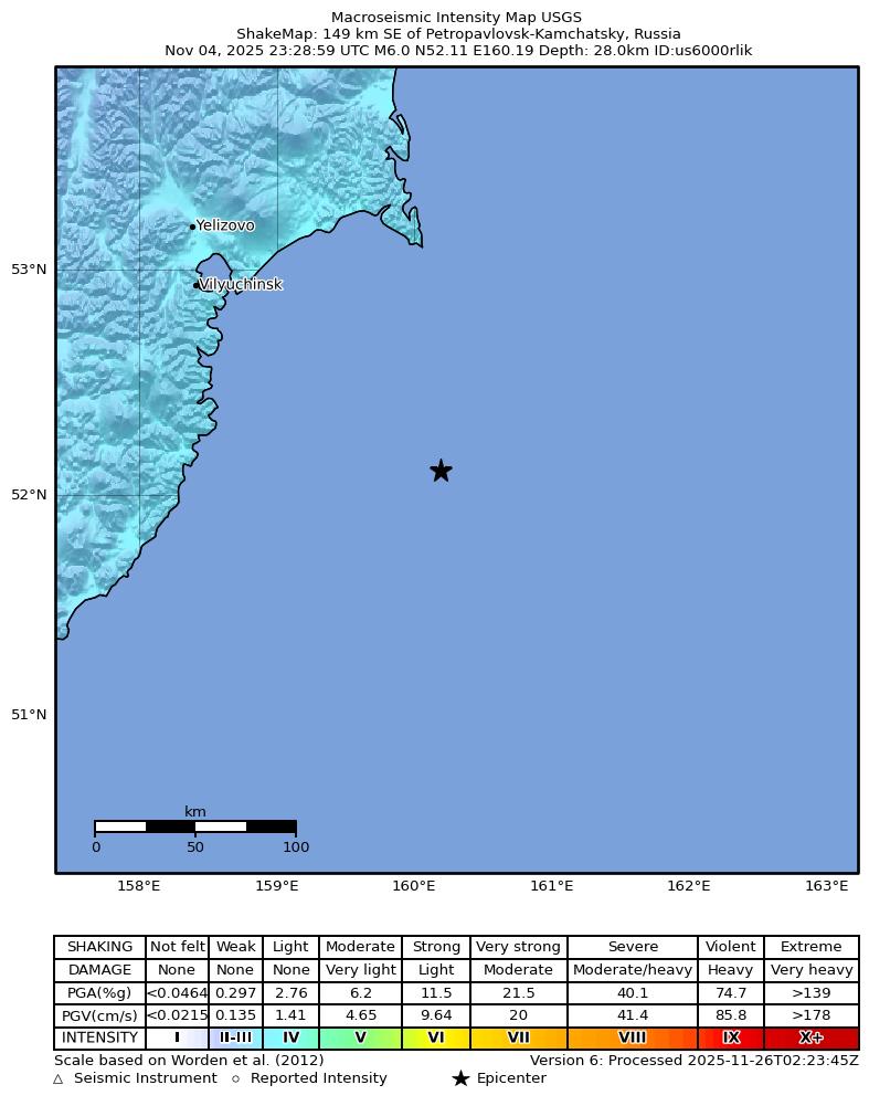 USGS ShakeMap intensity contours for the M6.0 earthquake near 149 km SE of Petropavlovsk-Kamchatsky, Russia