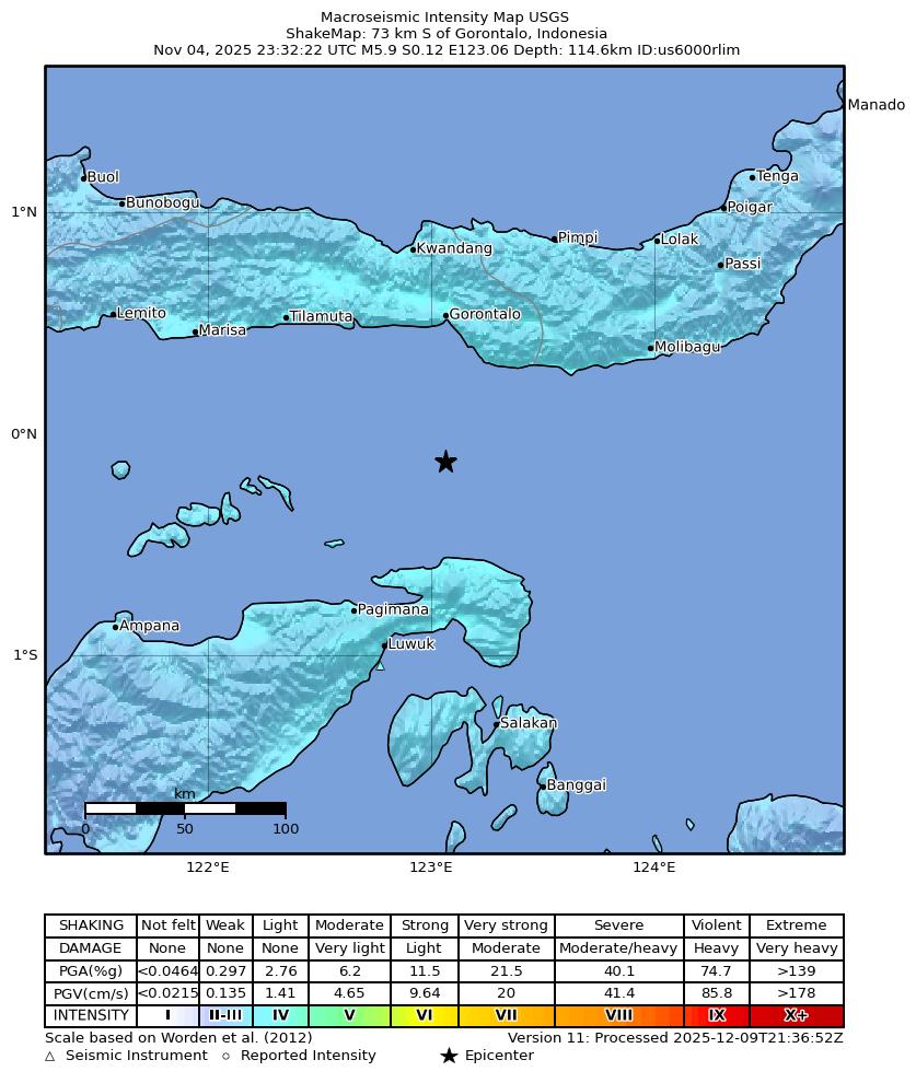 USGS ShakeMap intensity contours for the M5.9 earthquake near 73 km S of Gorontalo, Indonesia
