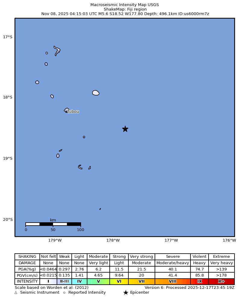 USGS ShakeMap intensity contours for the M5.6 earthquake near Fiji region