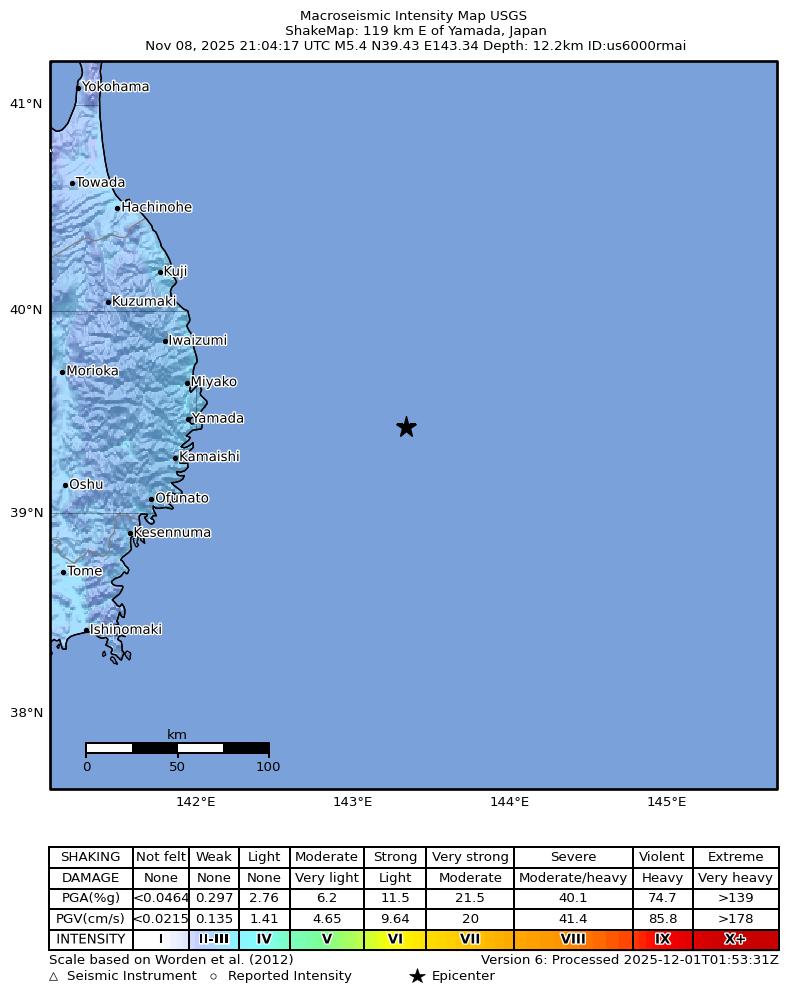 USGS ShakeMap intensity contours for the M5.4 earthquake near 119 km E of Yamada, Japan