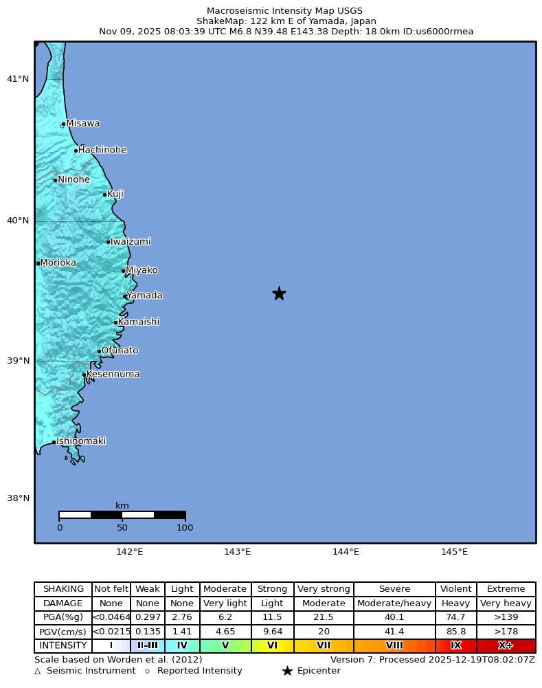 USGS ShakeMap intensity contours for the M6.8 earthquake near 122 km E of Yamada, Japan