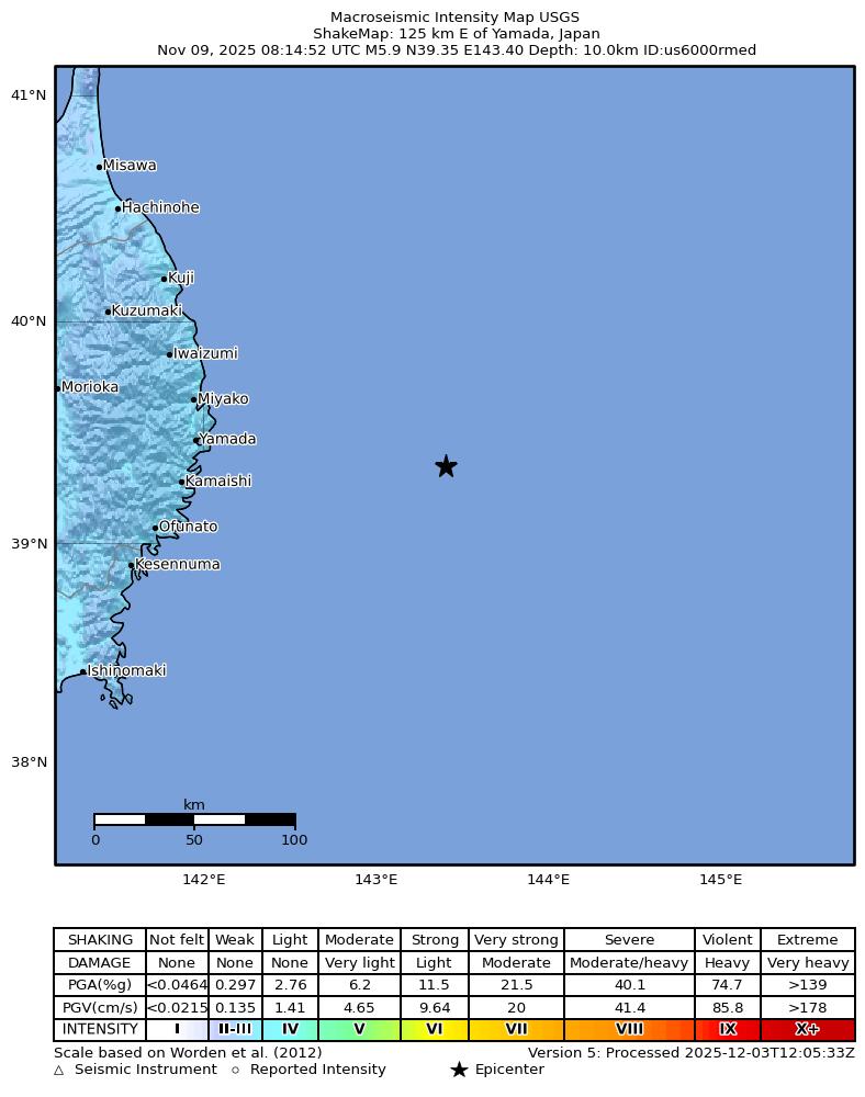 USGS ShakeMap intensity contours for the M5.9 earthquake near 125 km E of Yamada, Japan