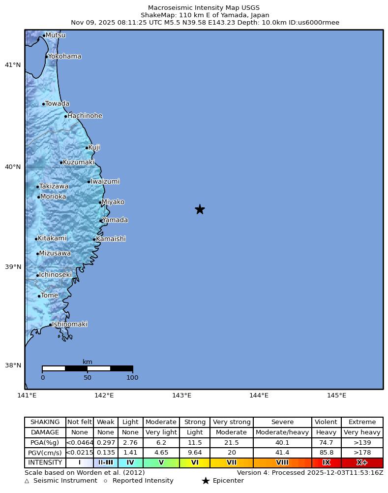USGS ShakeMap intensity contours for the M5.5 earthquake near 110 km E of Yamada, Japan