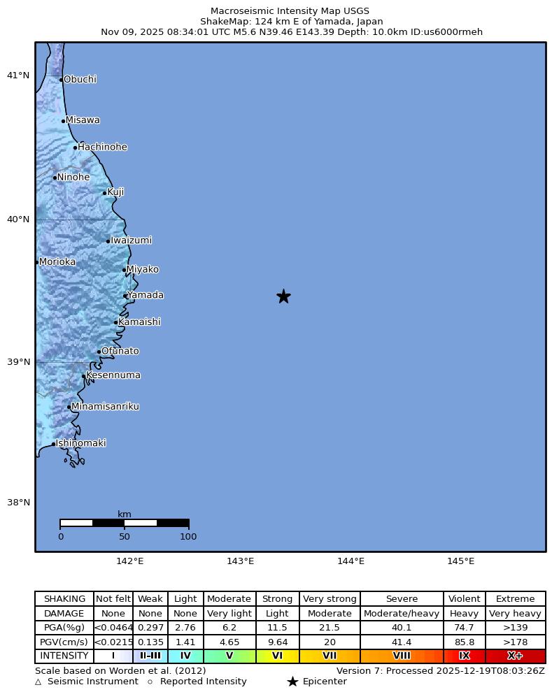 USGS ShakeMap intensity contours for the M5.6 earthquake near 124 km E of Yamada, Japan