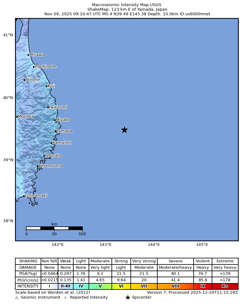 USGS ShakeMap intensity contours for the M5.4 earthquake near 123 km E of Yamada, Japan