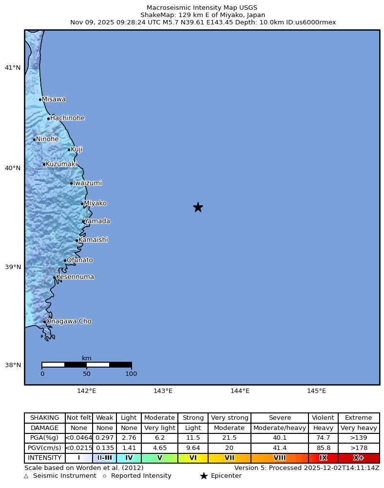 USGS ShakeMap intensity contours for the M5.7 earthquake near 129 km E of Miyako, Japan