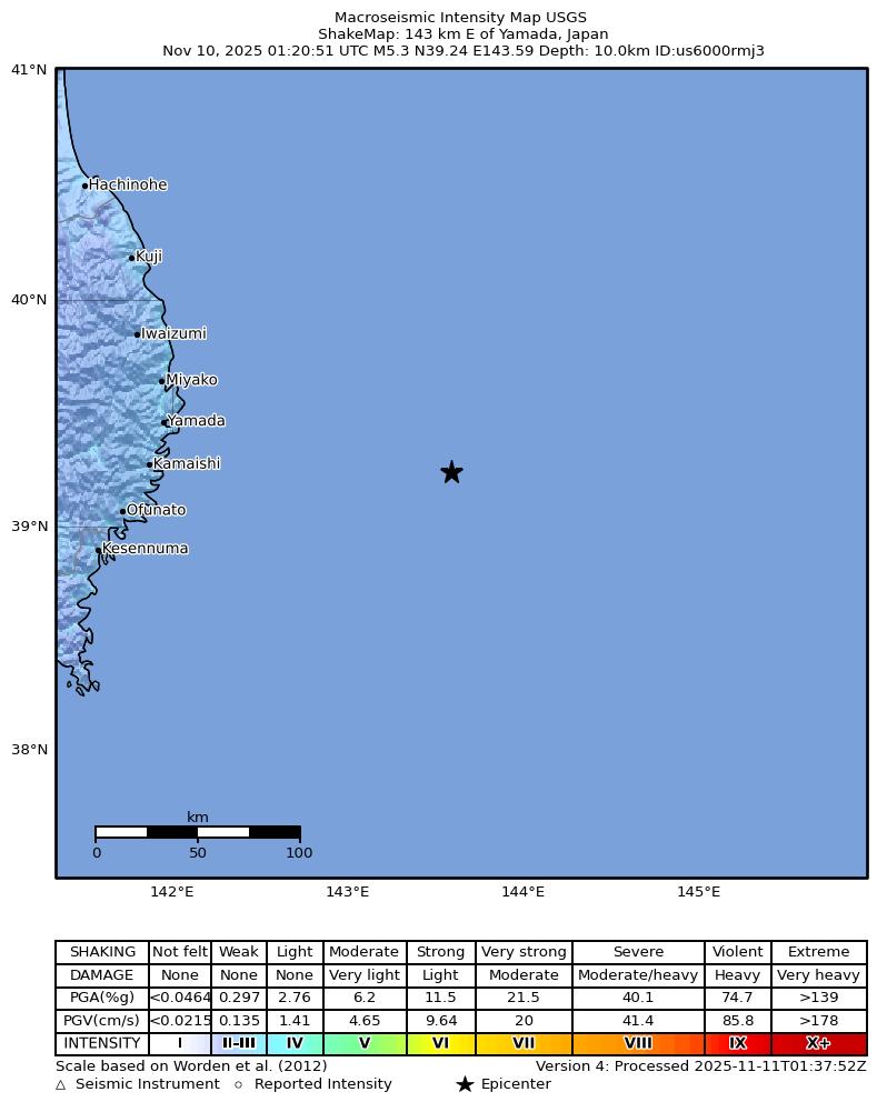 USGS ShakeMap intensity contours for the M5.3 earthquake near 136 km E of Yamada, Japan