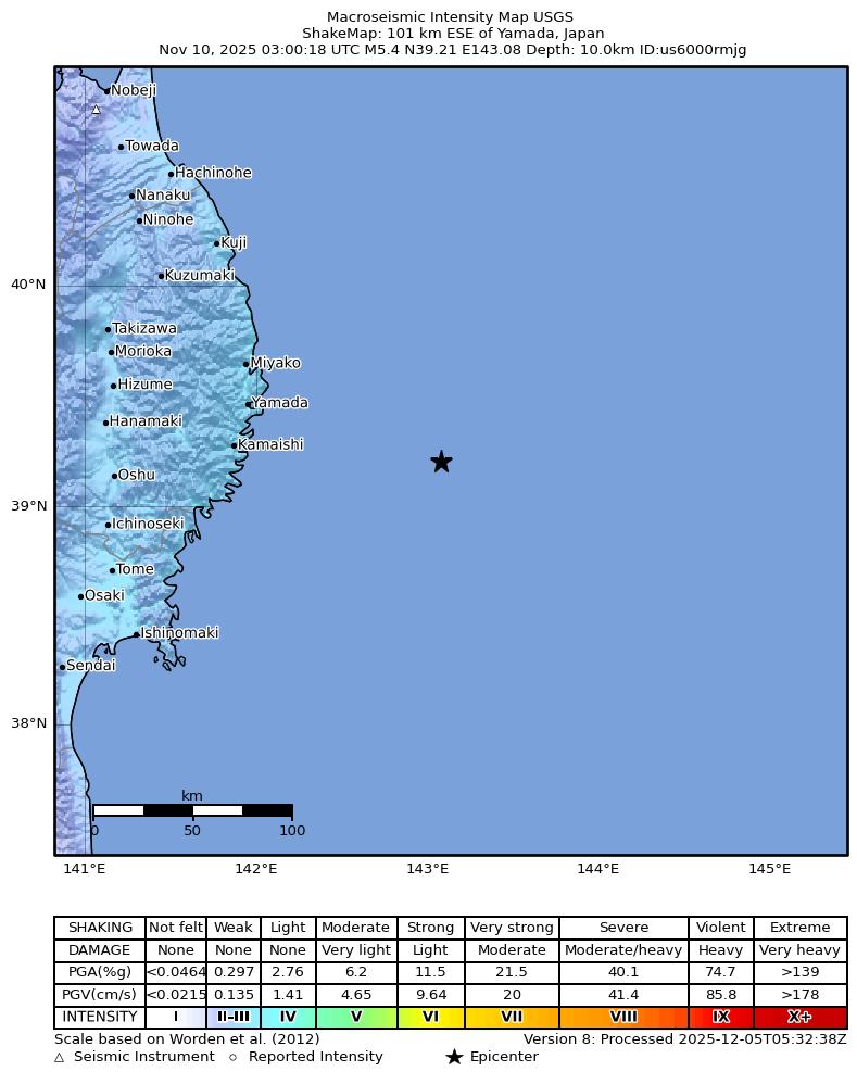 USGS ShakeMap intensity contours for the M5.4 earthquake near 101 km ESE of Yamada, Japan