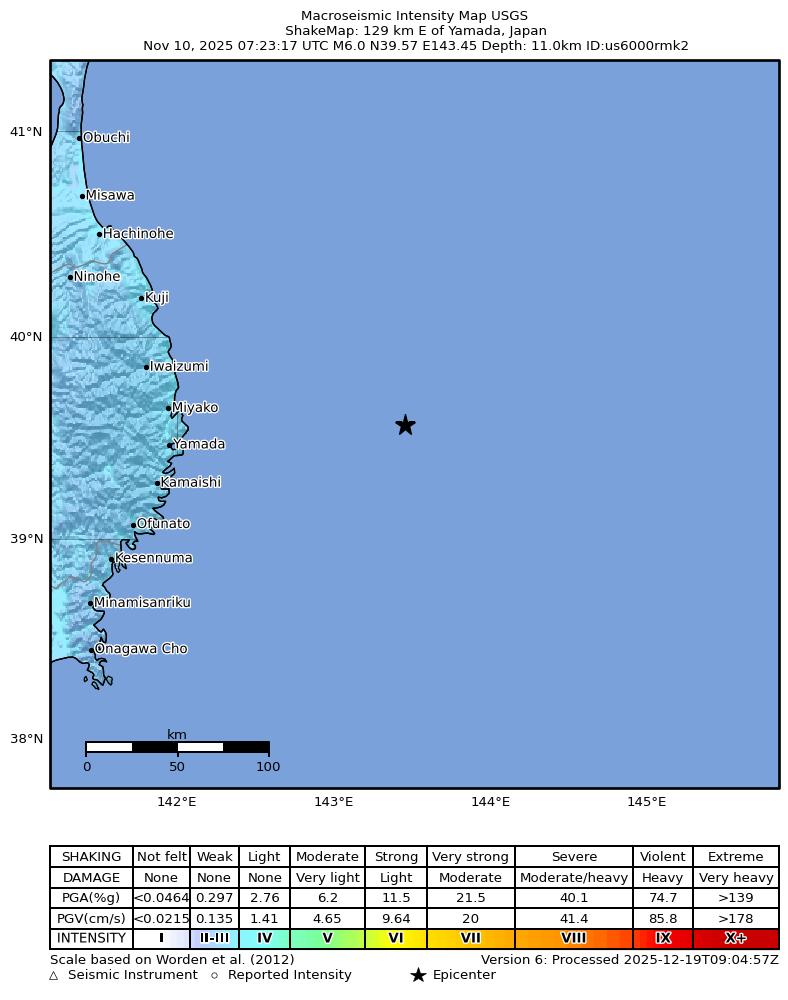USGS ShakeMap intensity contours for the M6.0 earthquake near 129 km E of Yamada, Japan