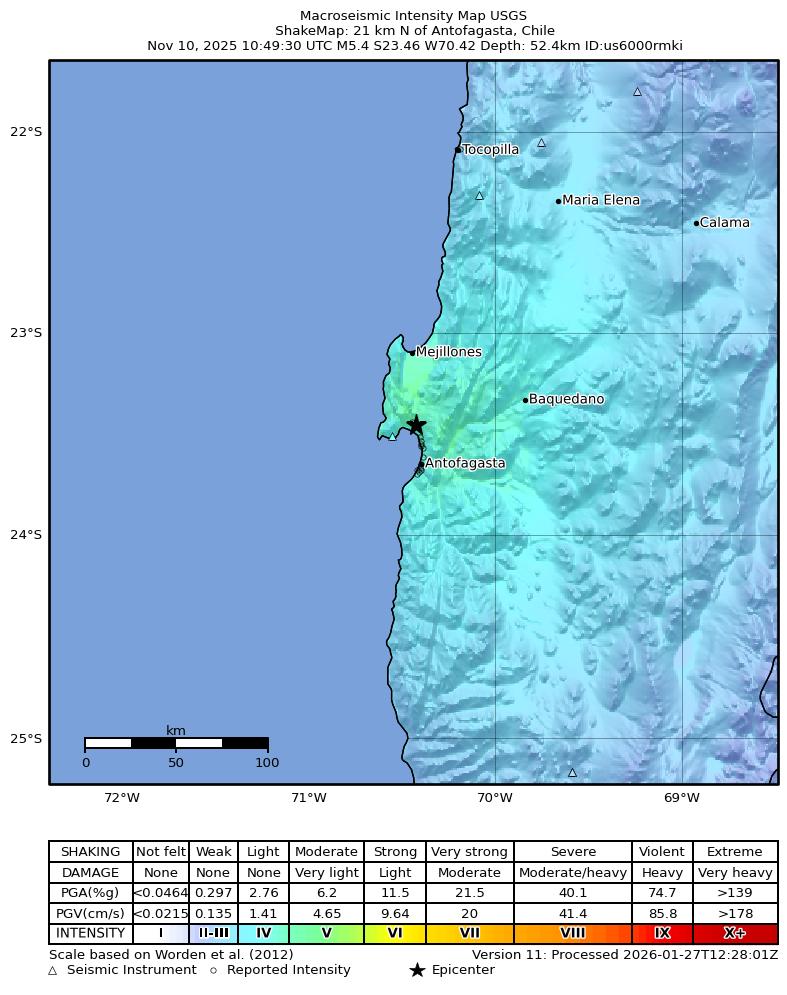 USGS ShakeMap intensity contours for the M5.4 earthquake near 21 km N of Antofagasta, Chile