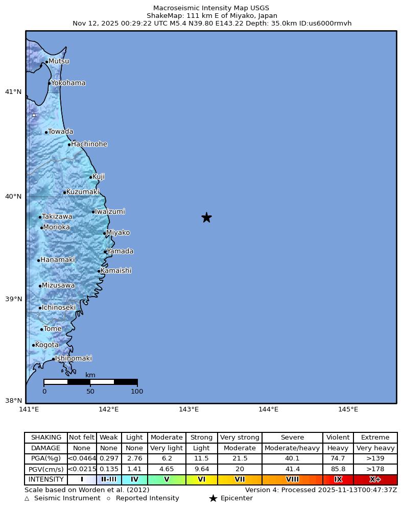 USGS ShakeMap intensity contours for the M5.3 earthquake near 111 km E of Miyako, Japan