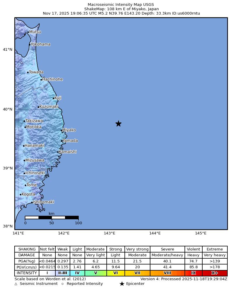 USGS ShakeMap intensity contours for the M5.2 earthquake near 110 km E of Miyako, Japan