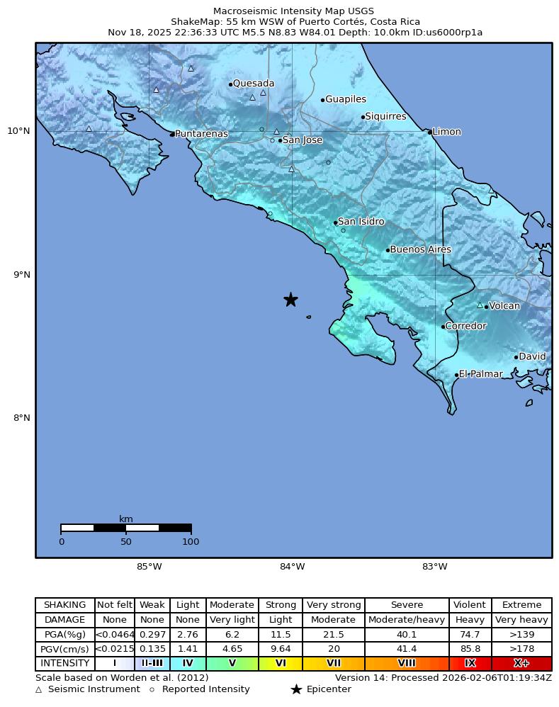 USGS ShakeMap intensity contours for the M5.5 earthquake near 55 km WSW of Puerto Cortés, Costa Rica