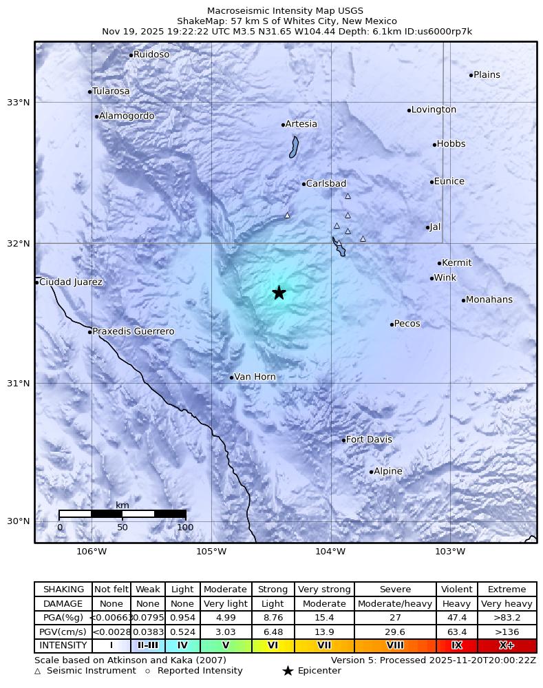 USGS ShakeMap intensity contours for the M3.4 earthquake near 57 km S of Whites City, New Mexico