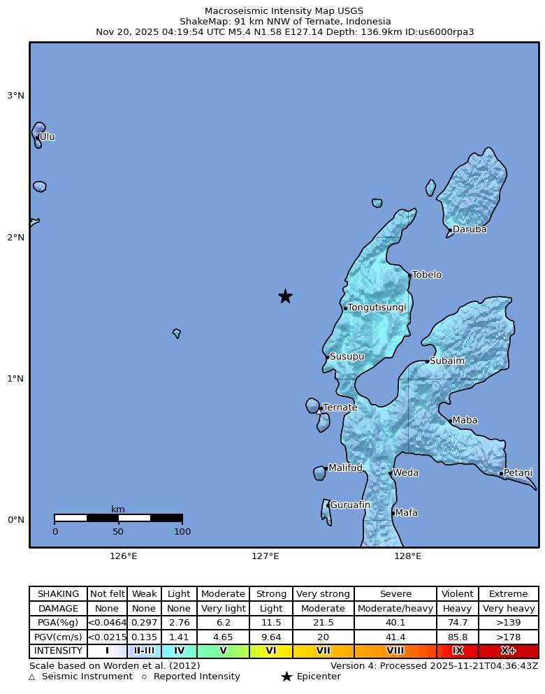 USGS ShakeMap intensity contours for the M5.1 earthquake near 86 km NNW of Ternate, Indonesia