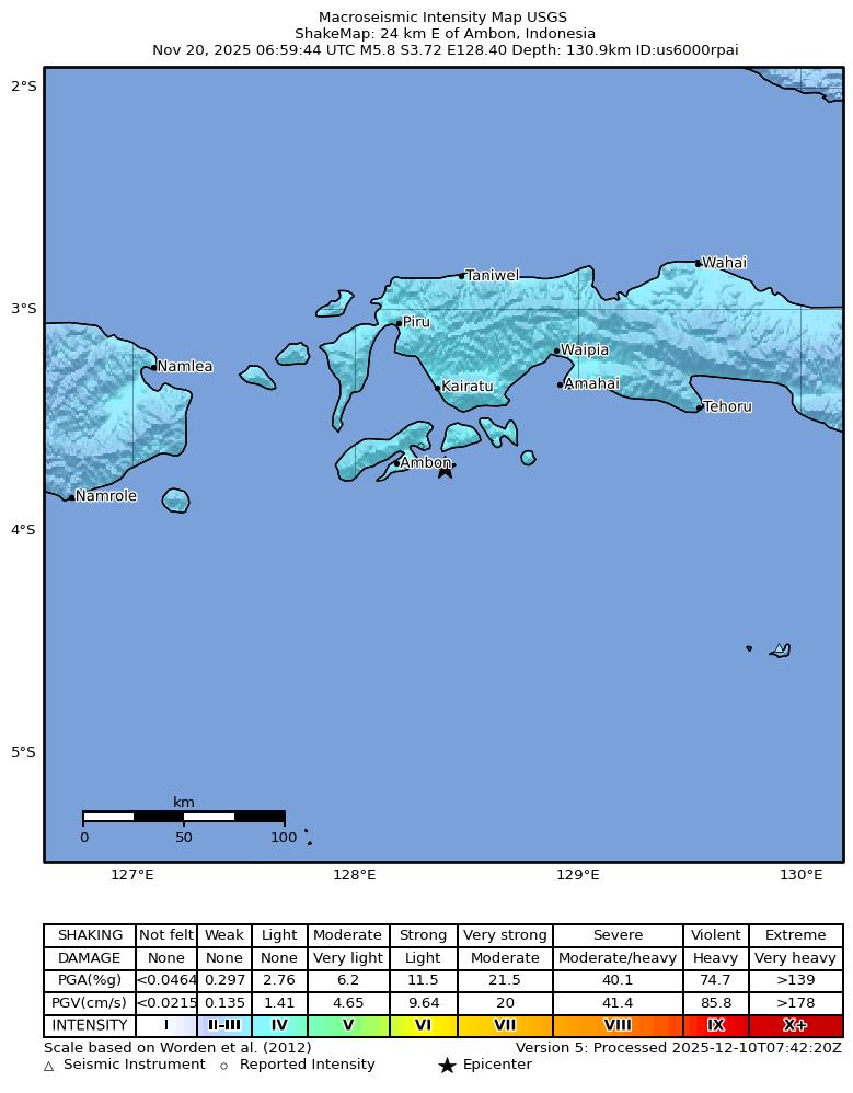 USGS ShakeMap intensity contours for the M5.8 earthquake near 24 km E of Ambon, Indonesia