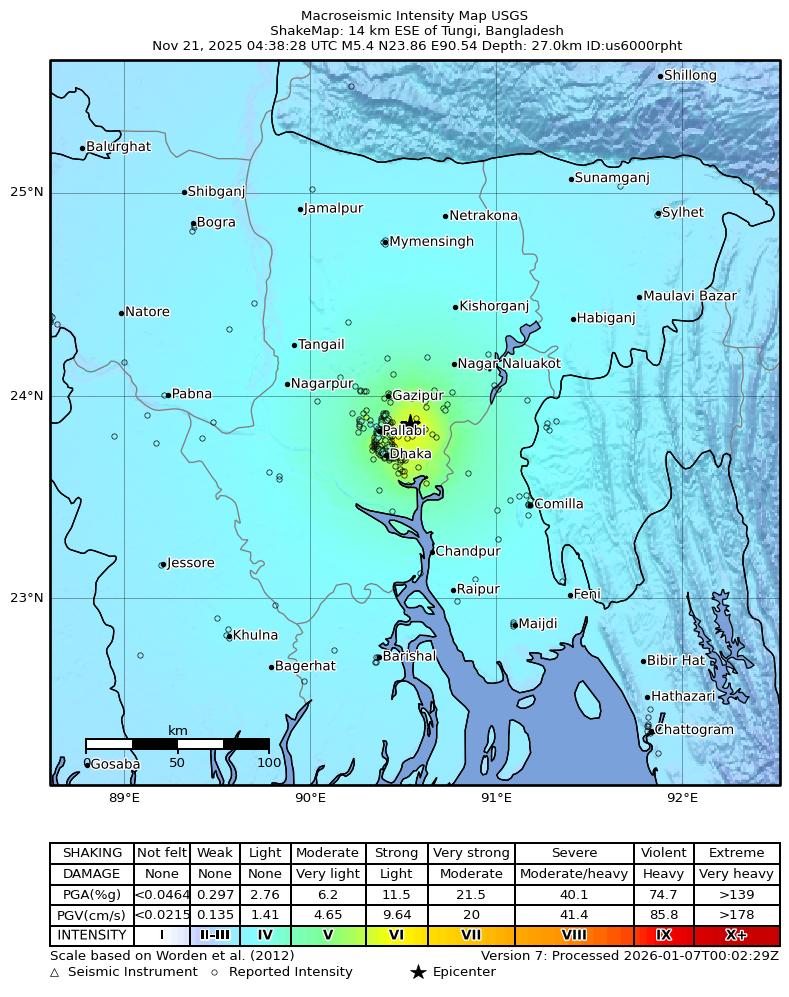 USGS ShakeMap intensity contours for the M5.4 earthquake near 14 km ESE of Tungi, Bangladesh