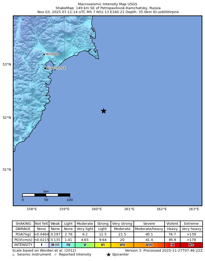 USGS ShakeMap intensity contours for the M5.7 earthquake near 149 km SE of Petropavlovsk-Kamchatsky, Russia