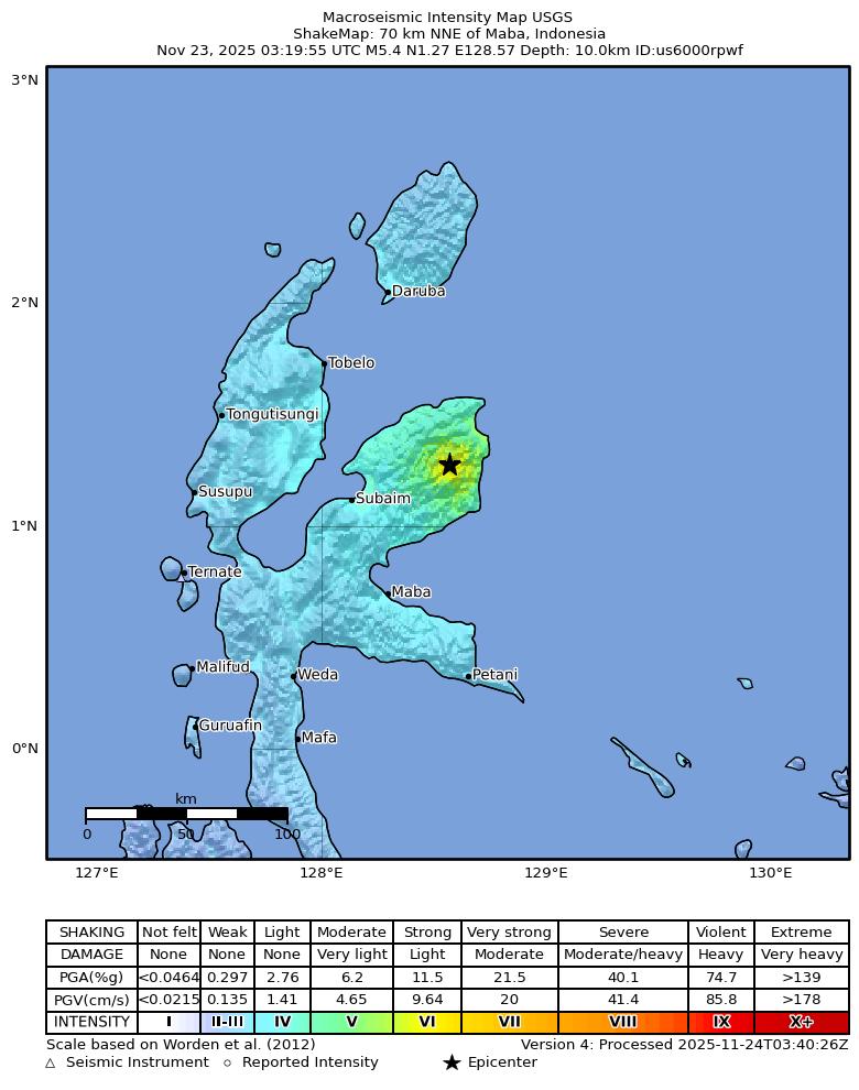 USGS ShakeMap intensity contours for the M5.3 earthquake near 72 km NNE of Maba, Indonesia