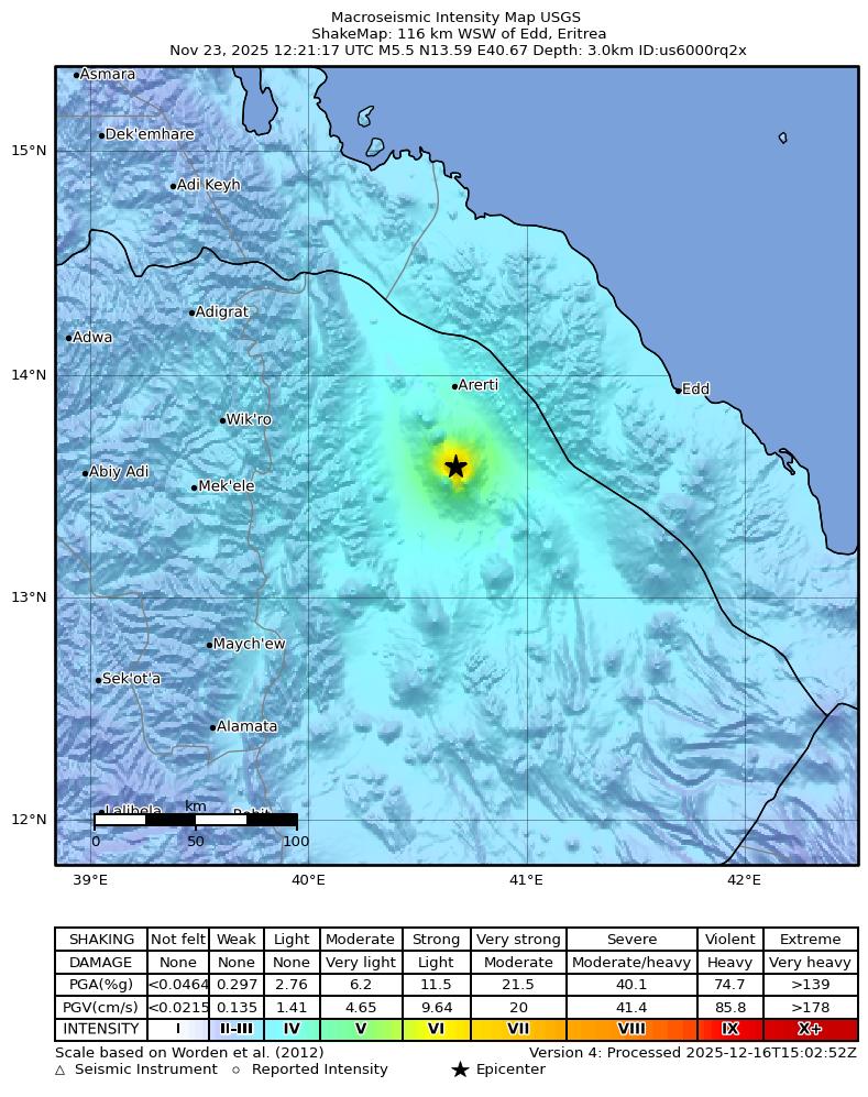 USGS ShakeMap intensity contours for the M5.5 earthquake near 116 km WSW of Edd, Eritrea