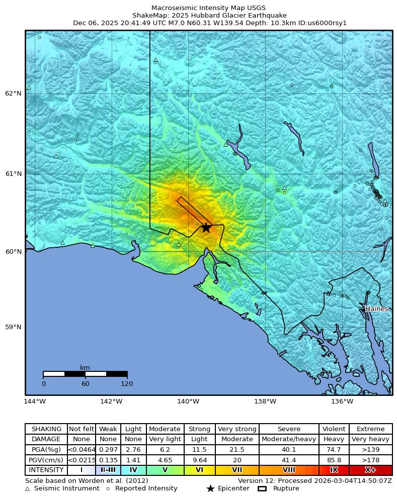 USGS ShakeMap intensity contours for the M7.0 earthquake near 2025 Hubbard Glacier Earthquake