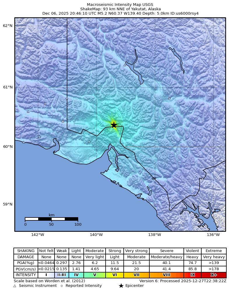 USGS ShakeMap intensity contours for the M5.2 earthquake near 93 km NNE of Yakutat, Alaska