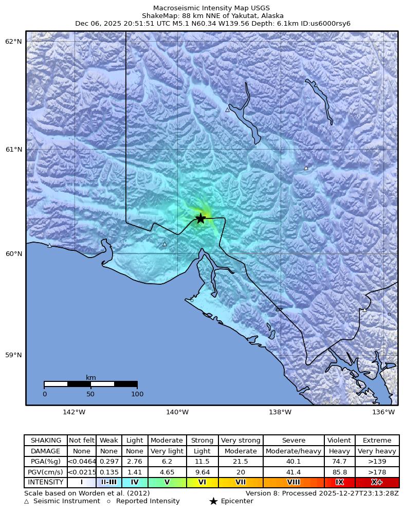 USGS ShakeMap intensity contours for the M5.1 earthquake near 88 km NNE of Yakutat, Alaska