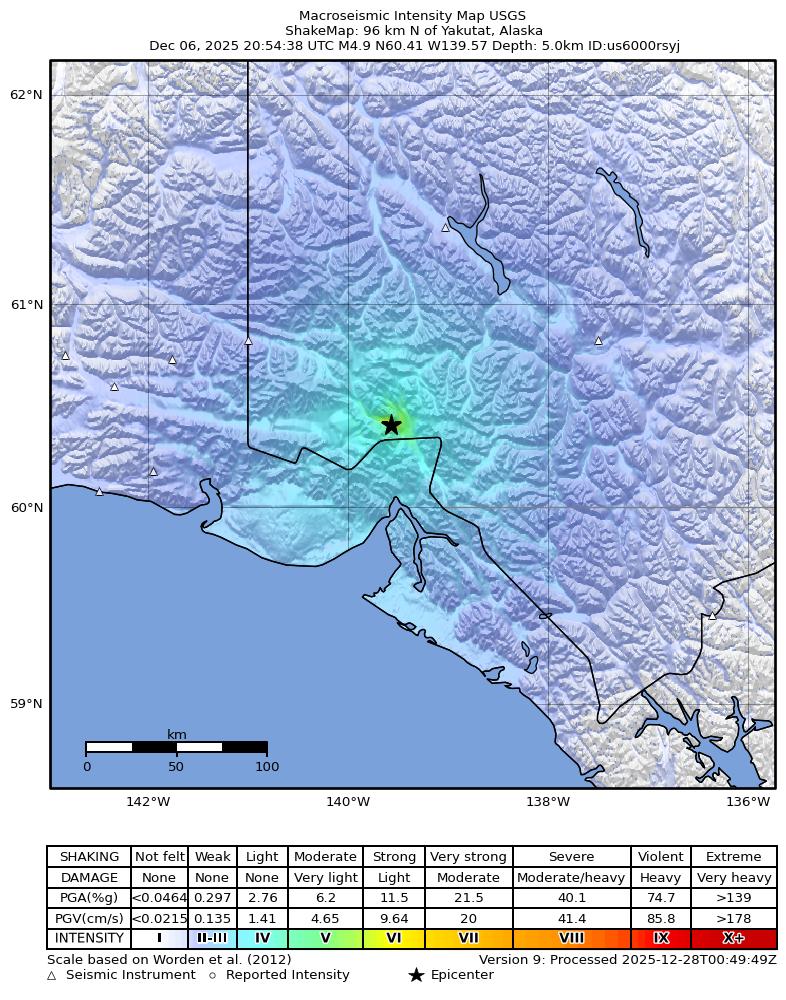 USGS ShakeMap intensity contours for the M4.9 earthquake near 96 km N of Yakutat, Alaska