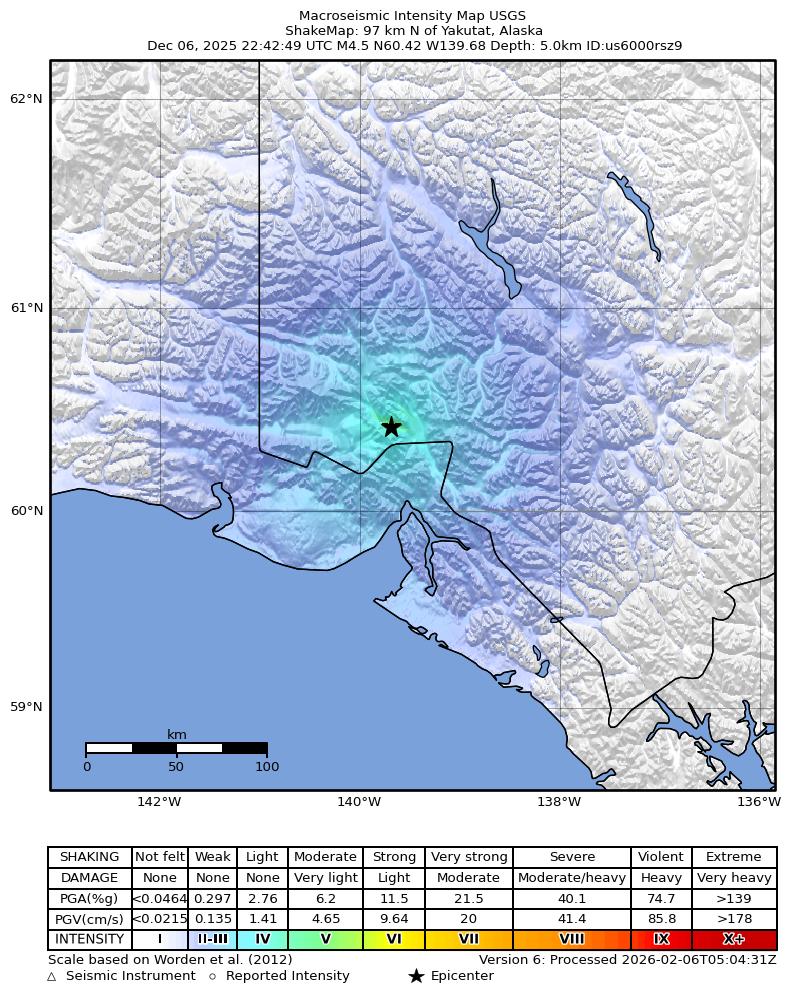 USGS ShakeMap intensity contours for the M4.5 earthquake near 97 km N of Yakutat, Alaska