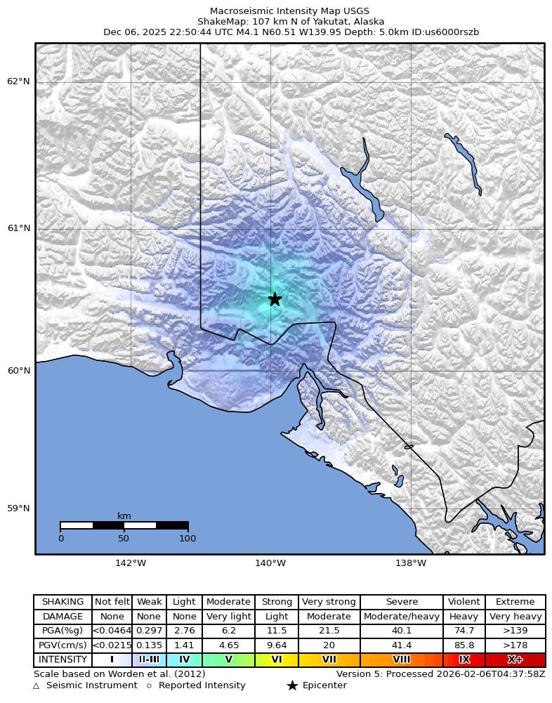 USGS ShakeMap intensity contours for the M4.1 earthquake near 107 km N of Yakutat, Alaska