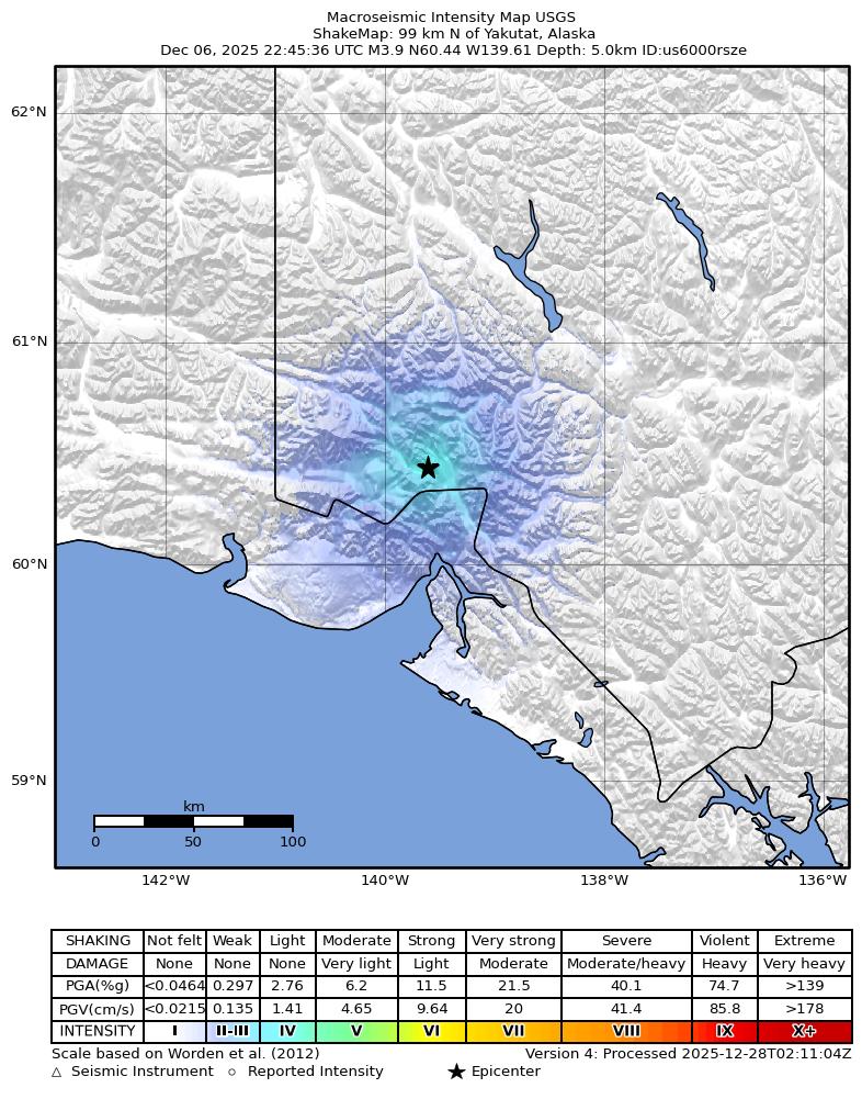 USGS ShakeMap intensity contours for the M3.9 earthquake near 99 km N of Yakutat, Alaska