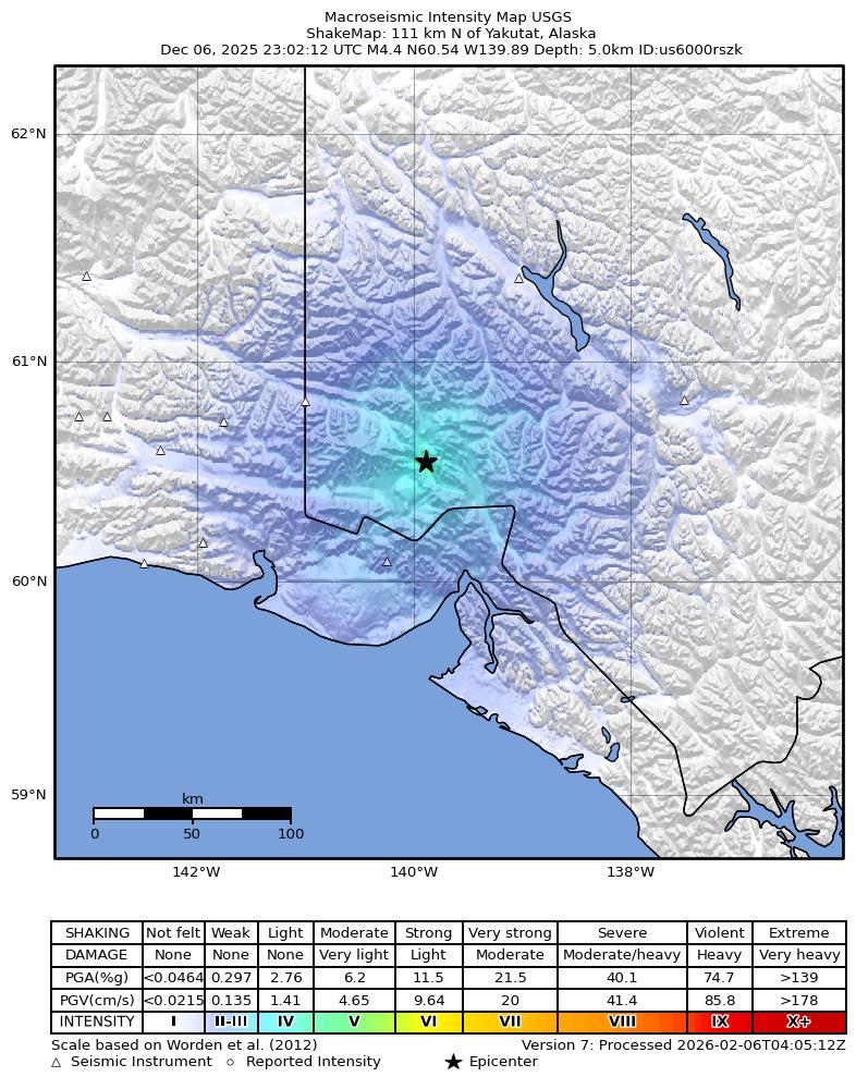 USGS ShakeMap intensity contours for the M4.4 earthquake near 111 km N of Yakutat, Alaska