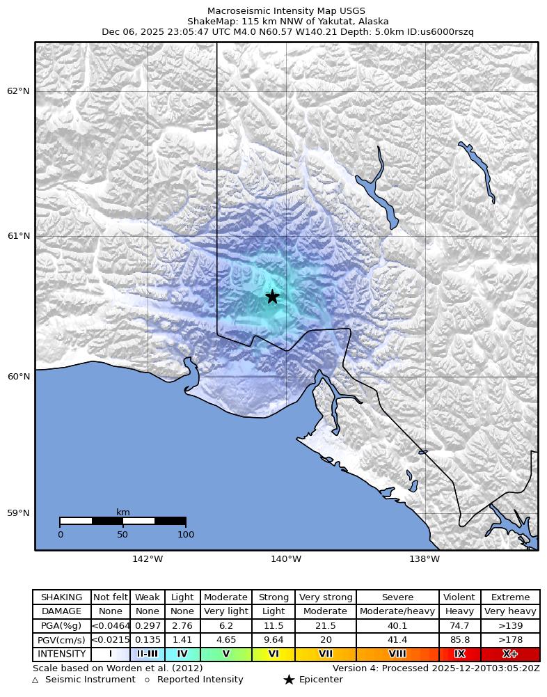 USGS ShakeMap intensity contours for the M3.4 earthquake near 117 km NNW of Yakutat, Alaska