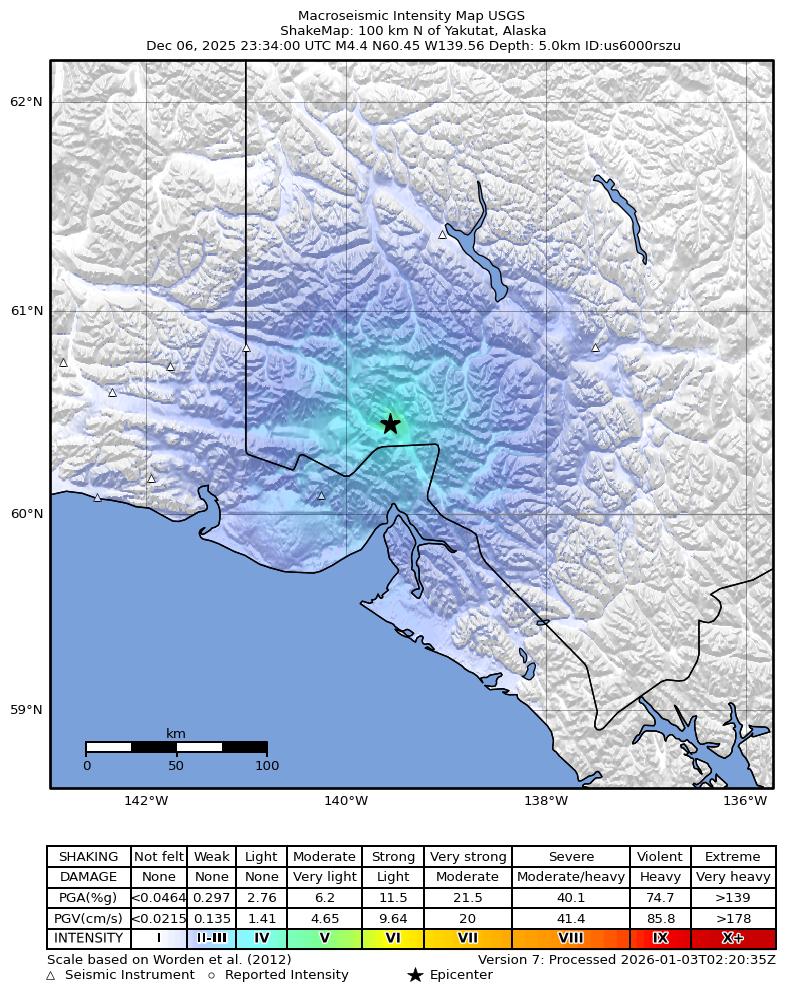 USGS ShakeMap intensity contours for the M4.4 earthquake near 100 km N of Yakutat, Alaska