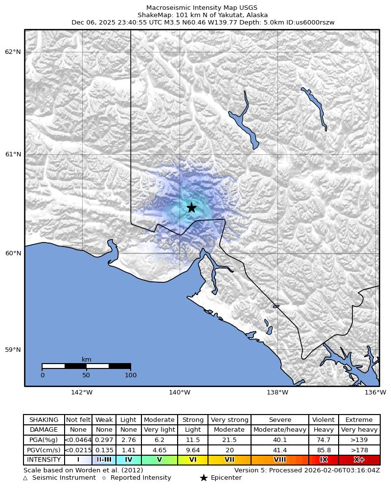 USGS ShakeMap intensity contours for the M3.5 earthquake near 101 km N of Yakutat, Alaska