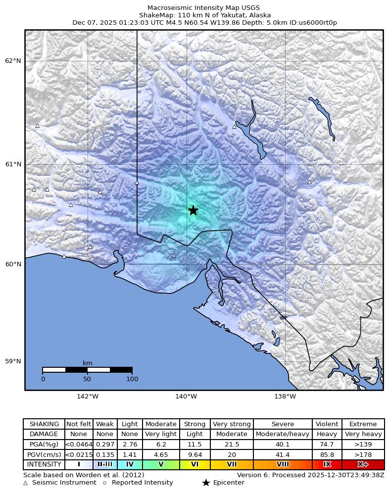 USGS ShakeMap: estimated shaking intensity around the epicenter