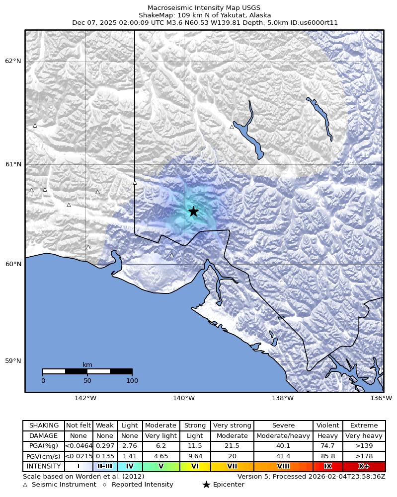USGS ShakeMap: estimated shaking intensity around the epicenter