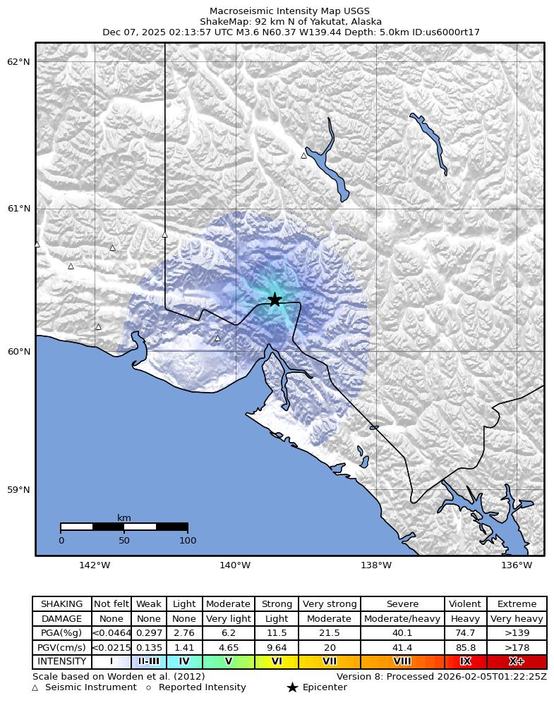 USGS ShakeMap: estimated shaking intensity around the epicenter