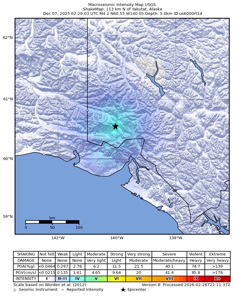 USGS ShakeMap: estimated shaking intensity around the epicenter